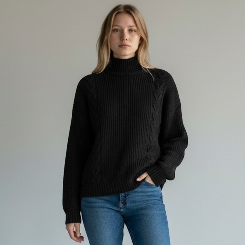 Tahari Mock Neck Cable Knit Sweater Women Medium Black Ribbed Pullover Academia
